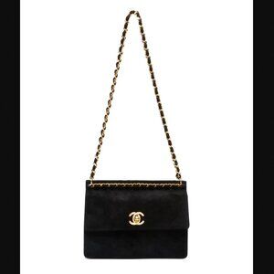 CHANEL Black Suede '96-'97 Gold Turn-Lock Mini Chain Strap Crossbody